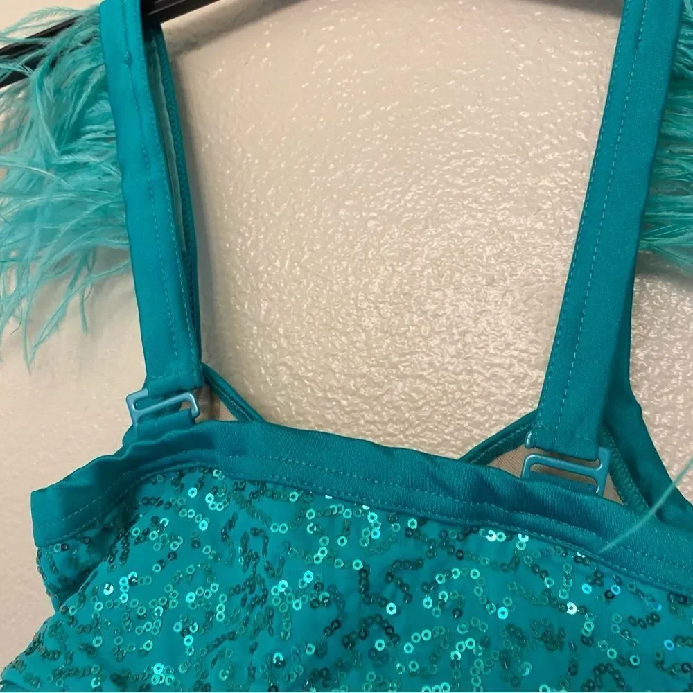 WEISSMAN Dance Costume sassy aqua blue feather Move D12545 XSA-extra small adult
